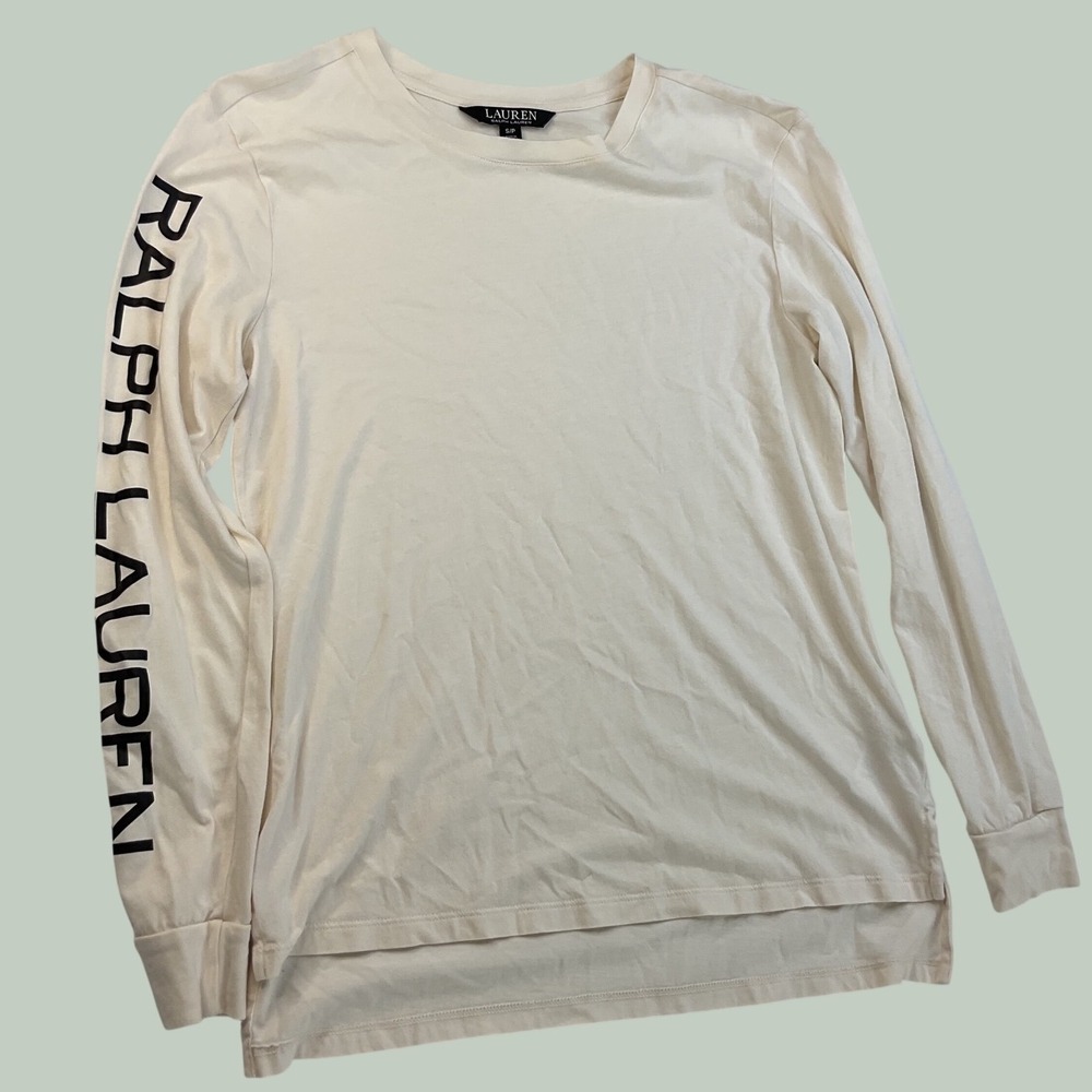 Lauren Ralph Lauren T-Shirt Sz S Long Sleeve Cream Crewneck Logo Modal Cotton